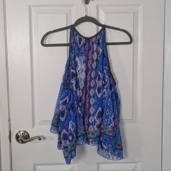 NWT Zara Geometric Print Blue Rhinestone Trim Sleeveless Swing Blouse Size XS - Picture 4 of 8